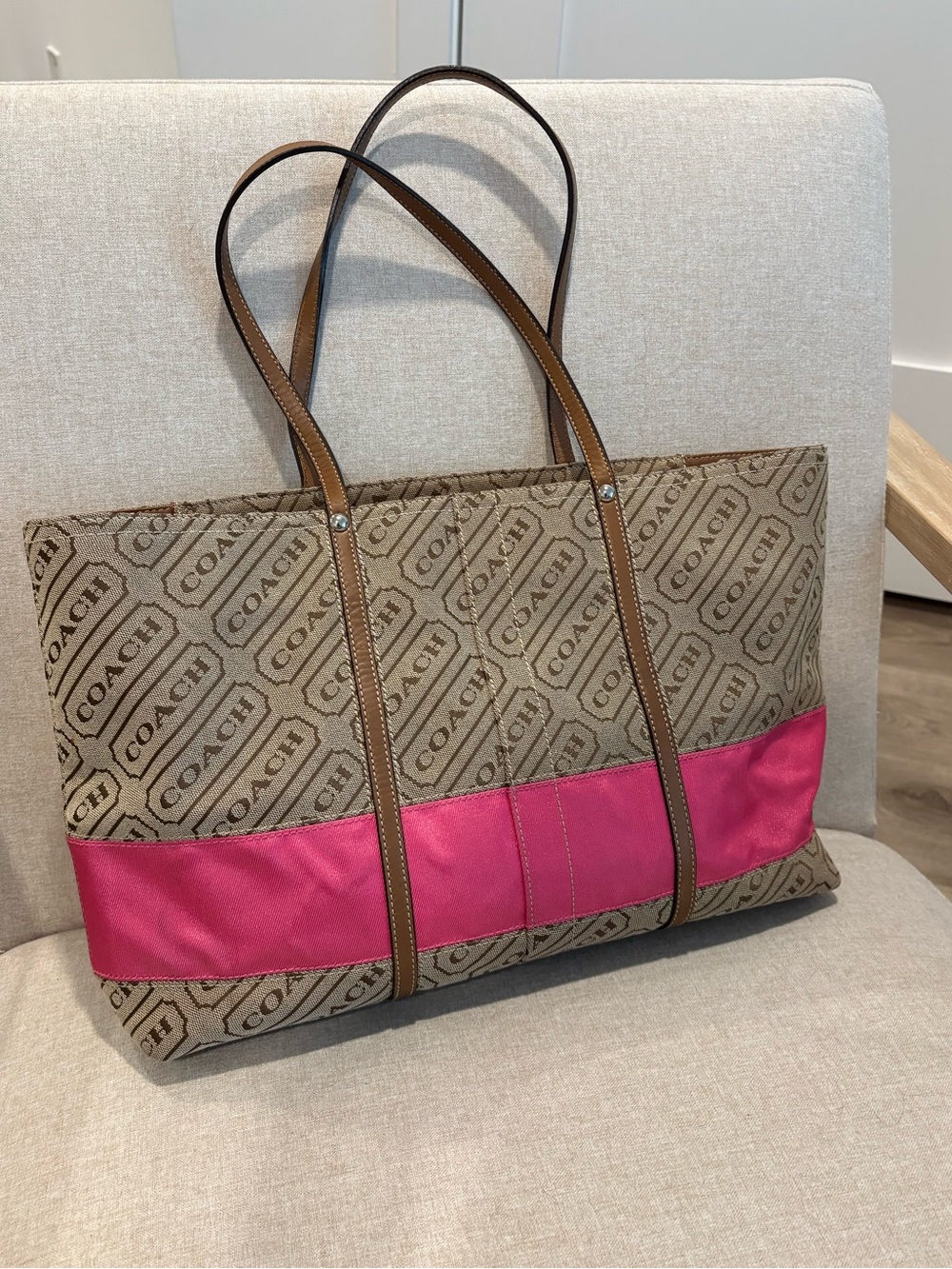 Vintage Coach Beige Logo Tote with Pink Band